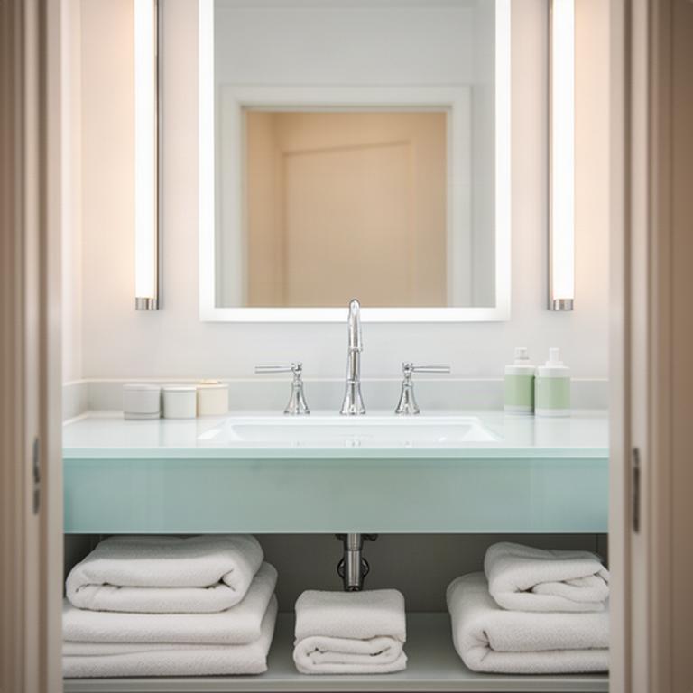 Freshly cleaned bathroom with polished fixtures, folded white towels, and a clear vanity