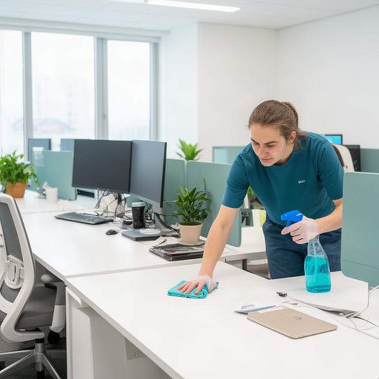 Cleaner sanitizing desks in a bright small office in Lodi, California