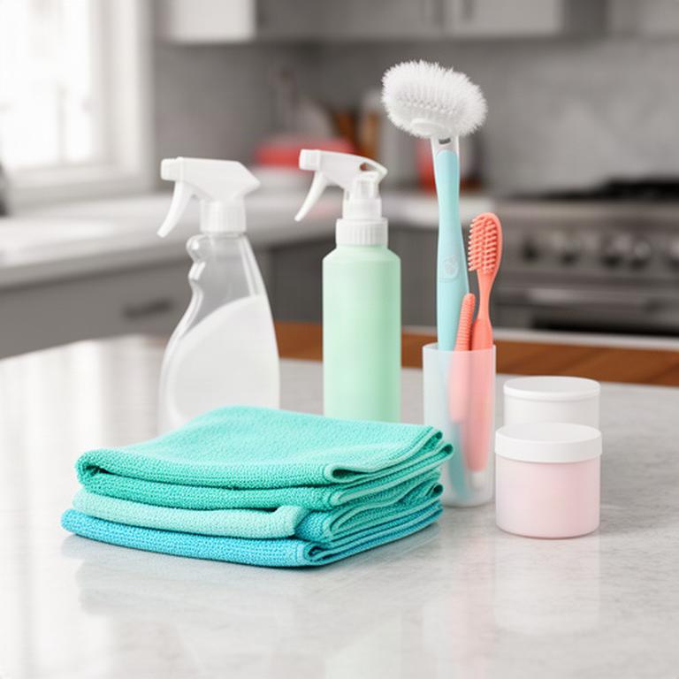 Organized cleaning supplies and microfiber cloths arranged on a kitchen counter in a Lodi home