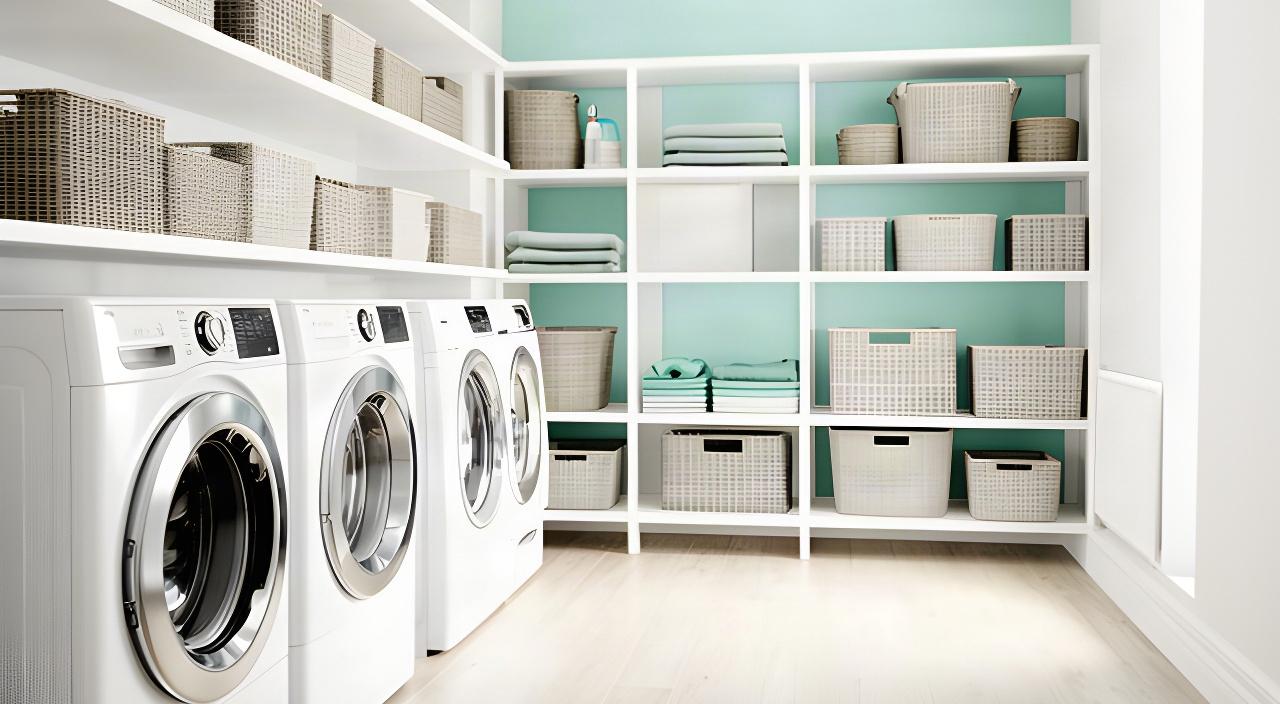 Orderly laundry room with clean machines, bright shelving, and a freshly mopped floor