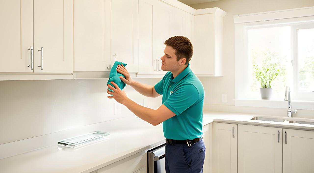 Cleaning professional wiping detailed white kitchen cabinets and fixtures during a deep clean