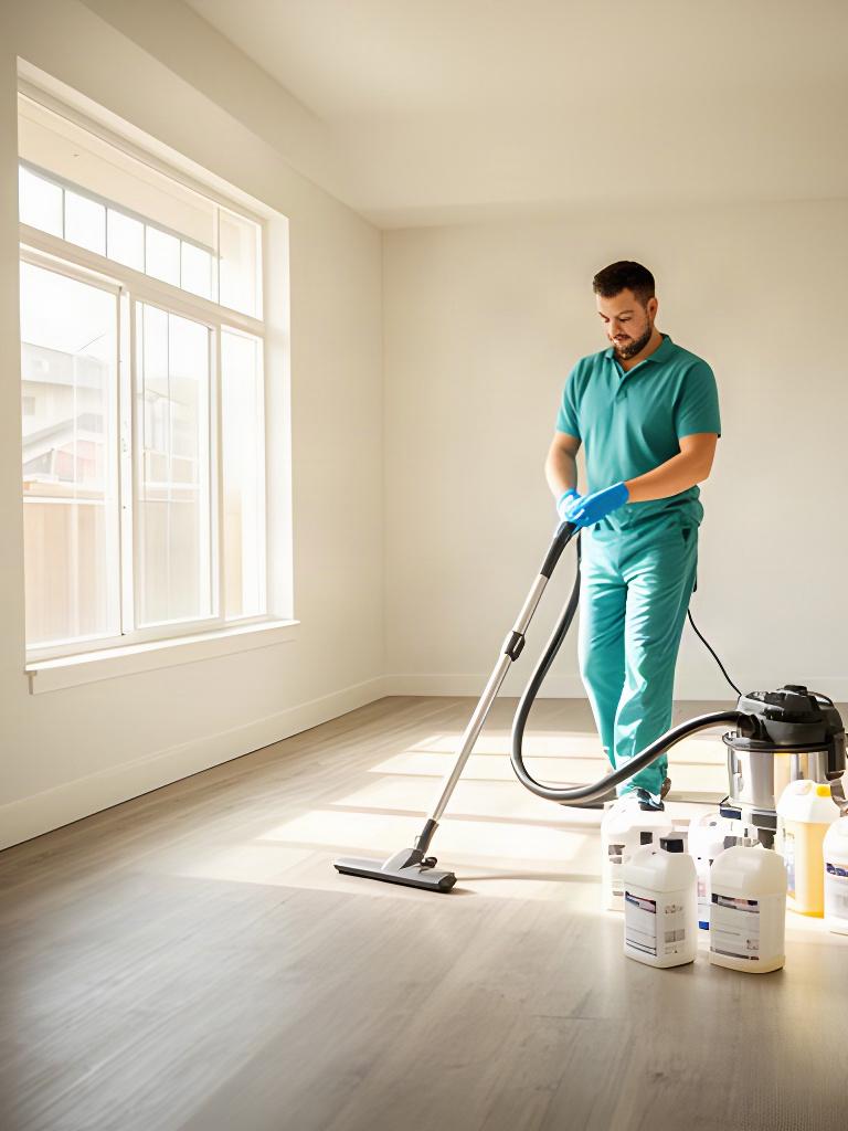 Cleaner vacuuming an empty sunlit room during a move-out cleaning in a Lodi home