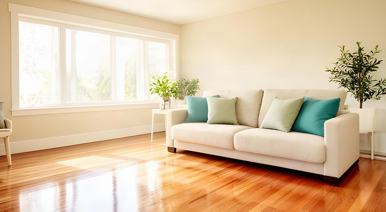 Bright professionally cleaned living room with a tidy sofa, polished floor, and natural California sunlight