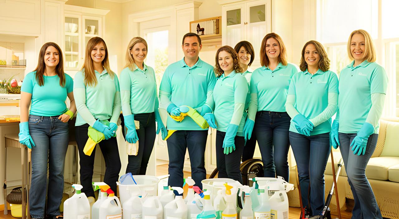 Friendly cleaning team standing together in a bright Lodi home after preparing their supplies
