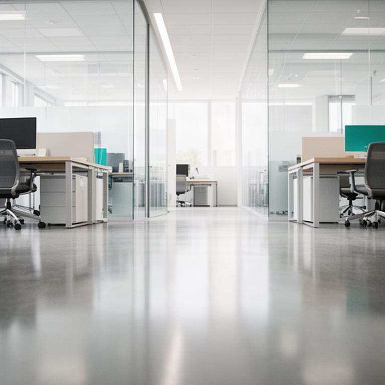 Spotless commercial office floor reflecting light beneath clean desks and glass partitions