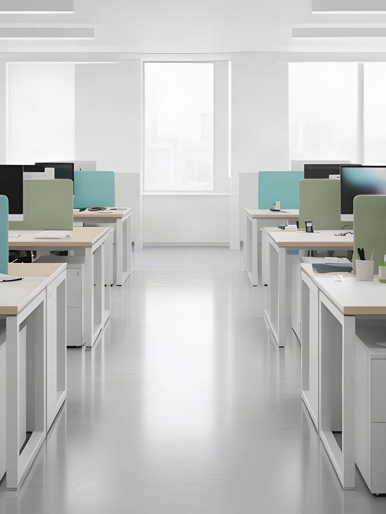 Neat commercial office with sanitized desks, clear walkways, and soft daylight through windows