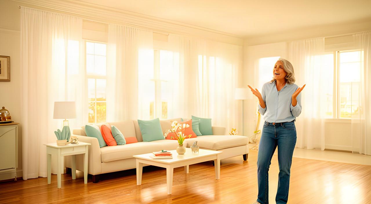 Happy homeowner standing in a freshly cleaned Lodi living room with bright windows