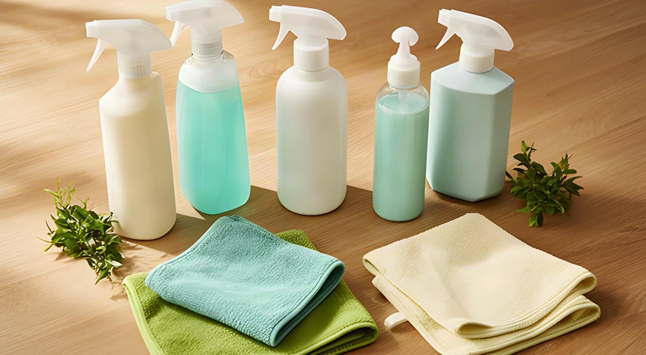 Biodegradable cleaning bottles and reusable cloths arranged on a clean wooden table