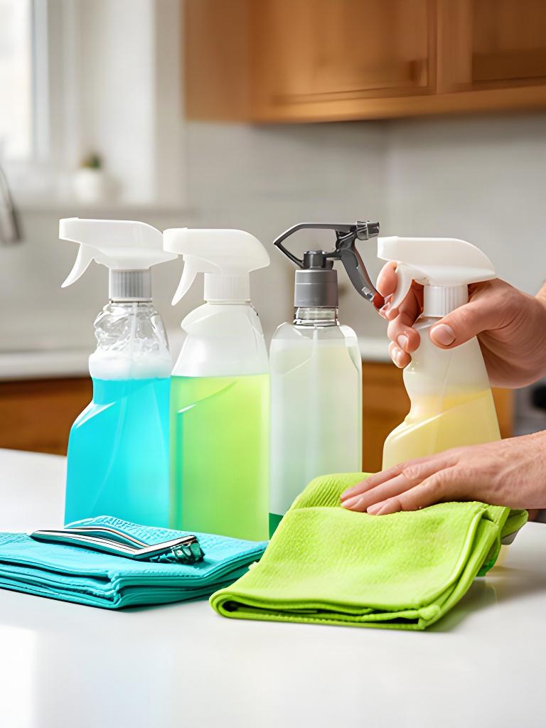 Cleaning professional arranging labeled supplies beside a residential kitchen counter