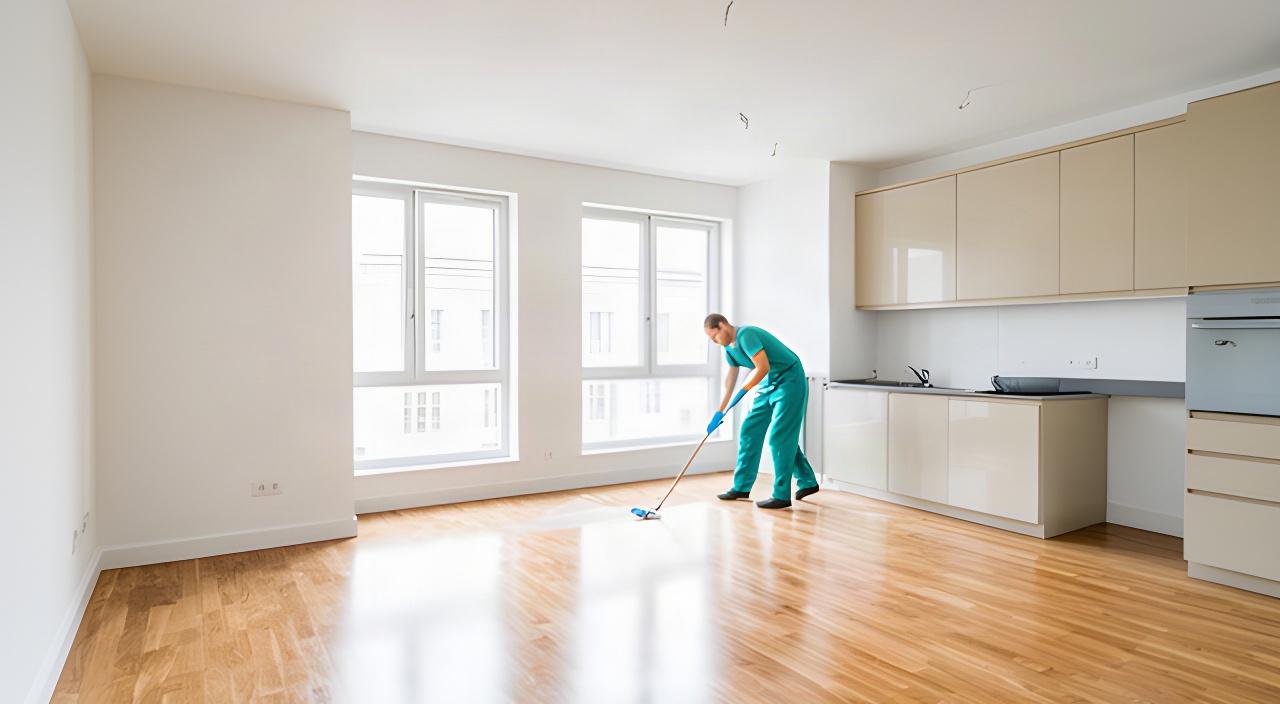 Empty apartment being cleaned before a move with bright floors and spotless cabinets