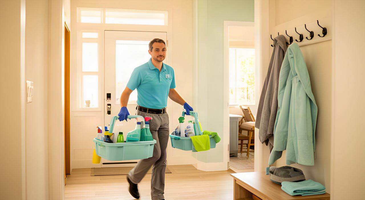 Cleaning professional carrying supplies through a welcoming Lodi home entryway
