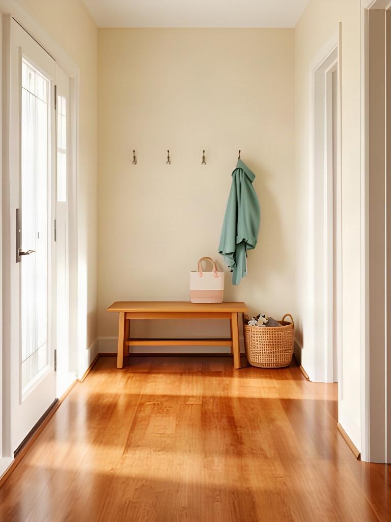 Clean residential entryway with fresh floors, a small bench, and neatly arranged household items