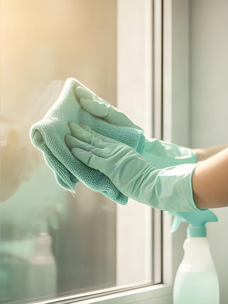 Cleaner carefully wiping a detailed surface near a sunlit window in a residential property
