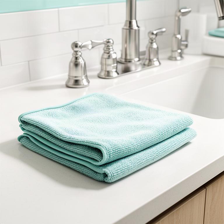 Close view of a clean kitchen surface with a folded microfiber cloth and stainless steel fixtures