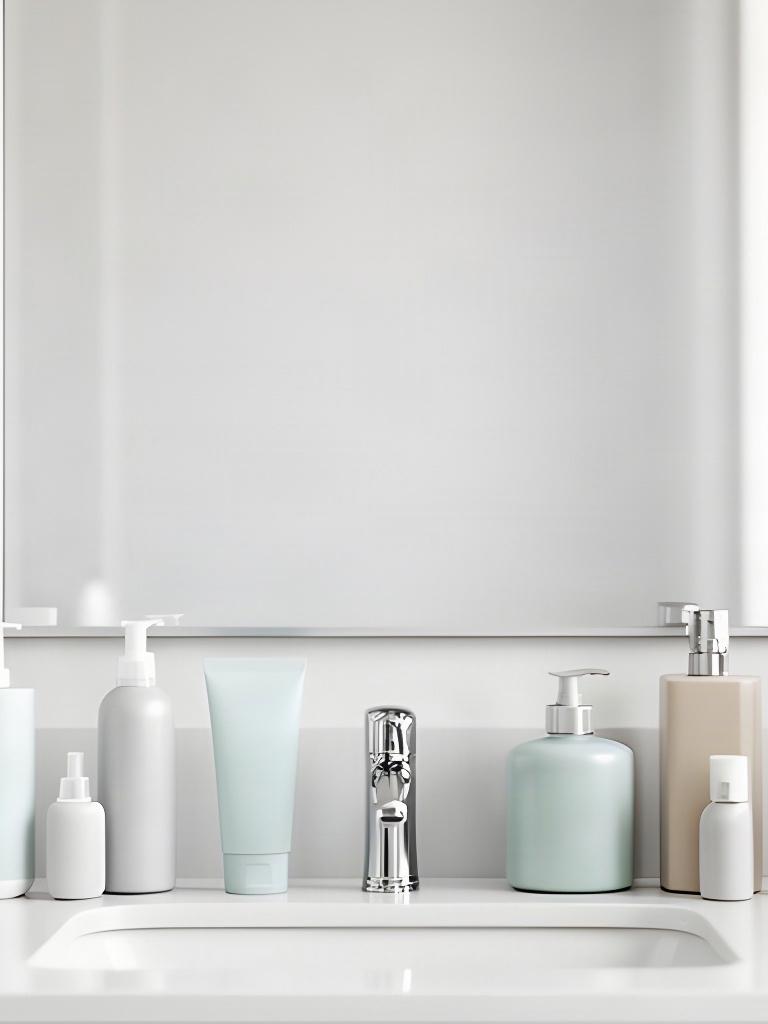 Sanitized bathroom counter with arranged care products and a spotless mirror