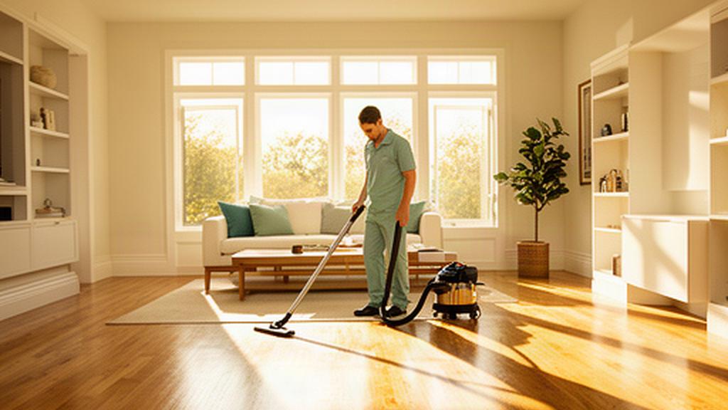 Cleaner vacuuming a spacious living area with sunlight across the hardwood floor