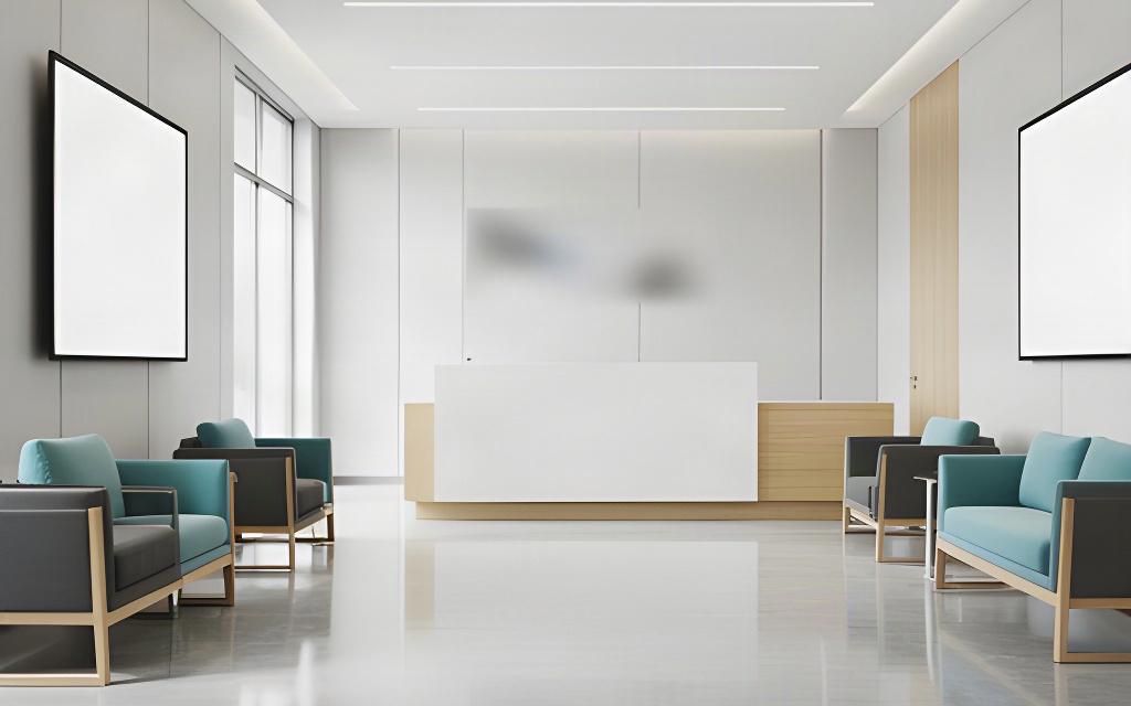 Clean commercial reception area with polished flooring and uncluttered visitor seating
