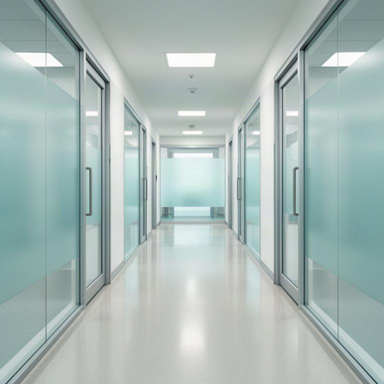 Polished commercial hallway with clean baseboards, glass doors, and evenly lit flooring