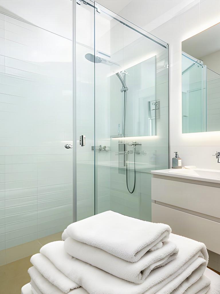 Freshly cleaned bathroom with clear glass, bright tile, and neatly folded white towels