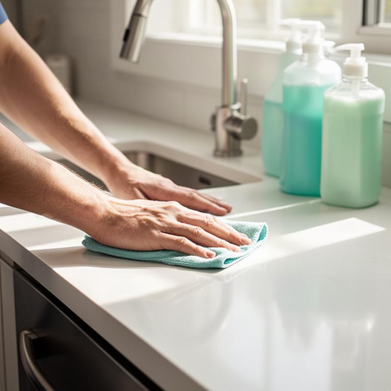 Cleaner wiping a sunlit kitchen counter beside organized, non-toxic cleaning supplies