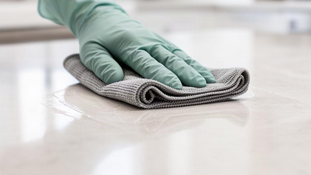 Close view of a gloved hand wiping a spotless kitchen island with a microfiber cloth