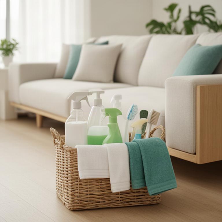 Organized cleaning supplies on a basket beside a clean living room sofa