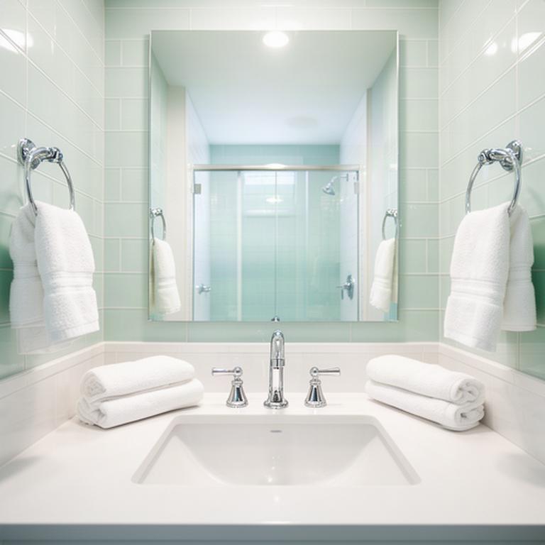 Freshly cleaned Lodi bathroom with bright tile, gleaming fixtures, and folded white towels
