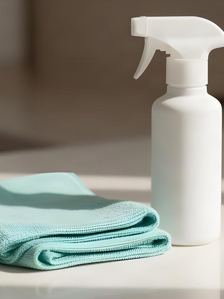 Folded microfiber cleaning cloths beside a spray bottle on a spotless countertop