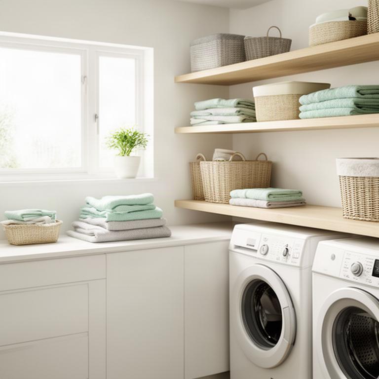 Orderly laundry room with clean shelves, folded towels, and a bright window