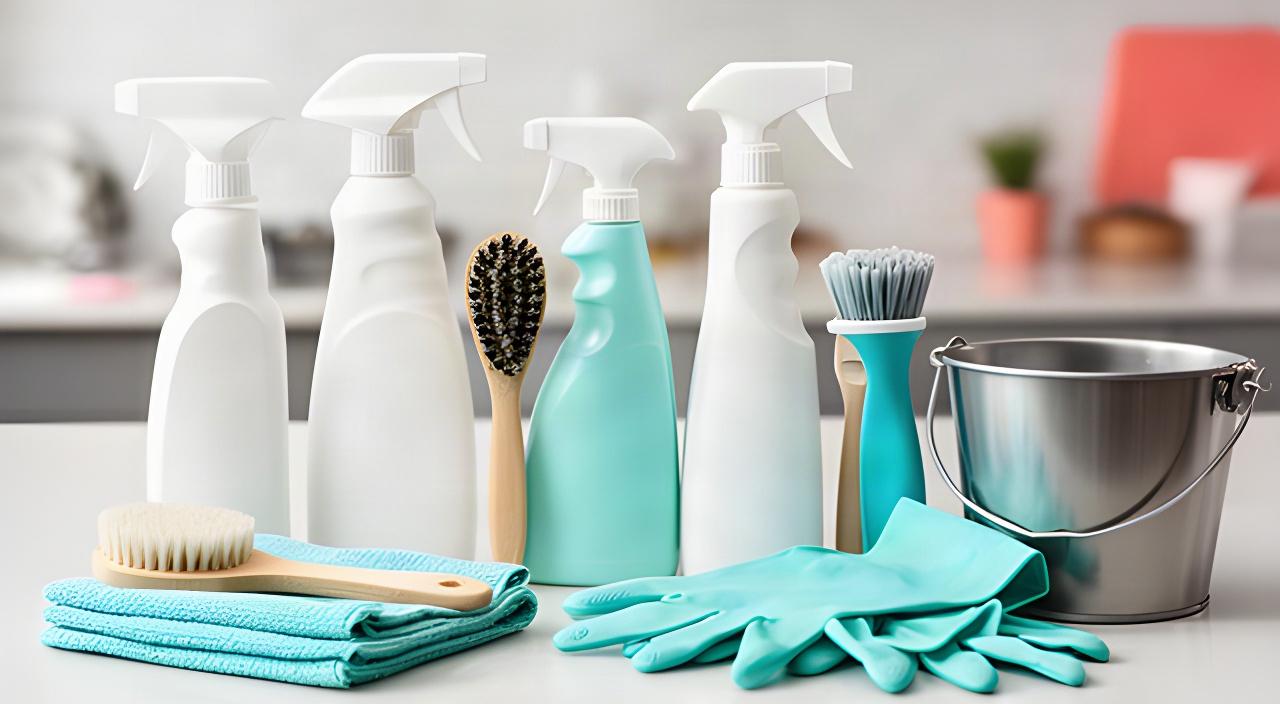 Professional cleaning supplies arranged neatly on a counter in a well-lit Lodi home