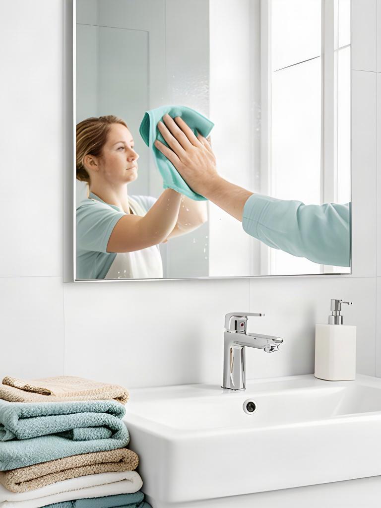 Cleaner polishing a bathroom mirror above a spotless white sink and folded towels