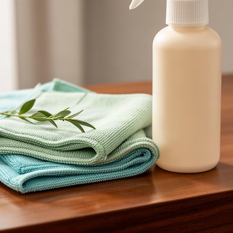 Reusable microfiber cloths and a plant-based spray bottle beside a polished wood surface