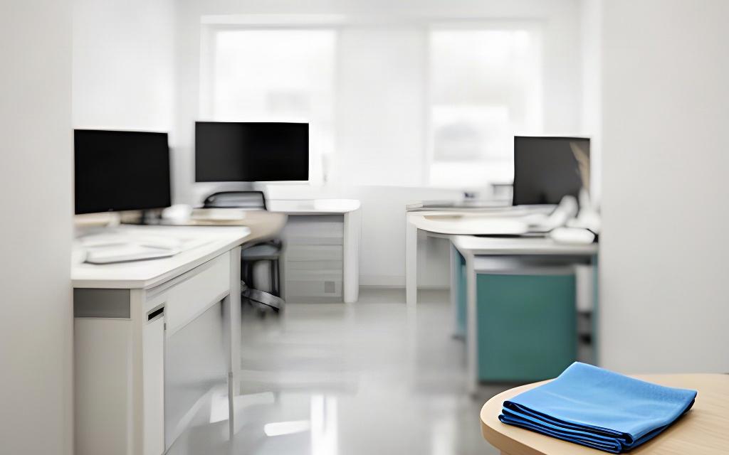 Neat small office in Lodi with polished desks and a cleaning cloth placed on a side table