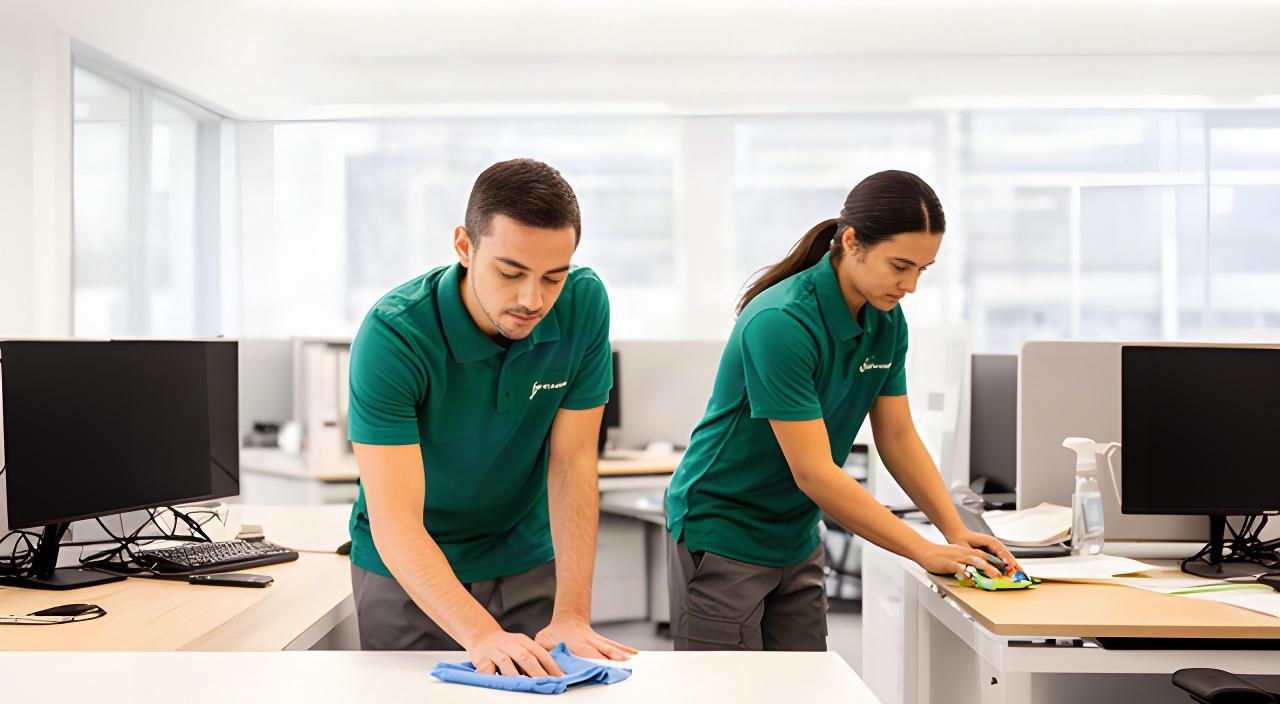 Two cleaning professionals working together in a bright Lodi office with organized desks