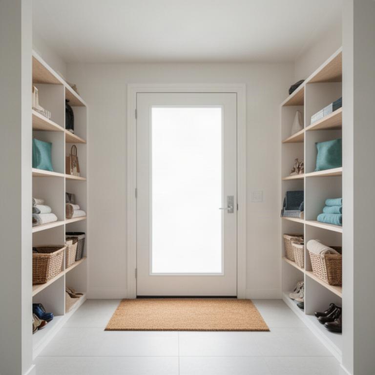 Clean residential entryway in Lodi with a doormat, bright walls, and organized shelves