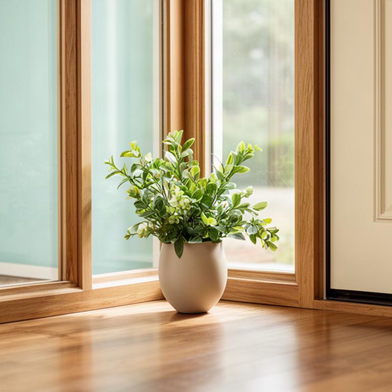 Close view of a spotless Lodi home entryway with clean woodwork, clear glass, and fresh greenery