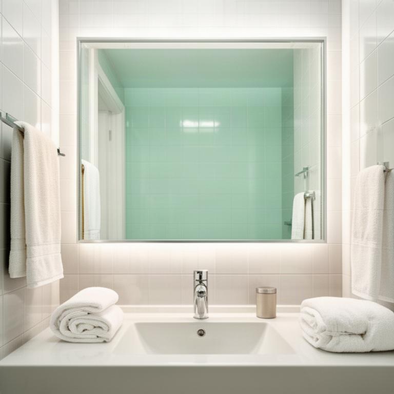 Freshly cleaned bathroom with gleaming tile, mirror, sink, and folded white towels