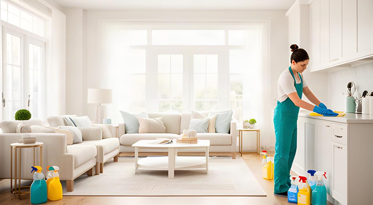 Cleaning professional wiping a bright Lodi living room with organized supplies nearby
